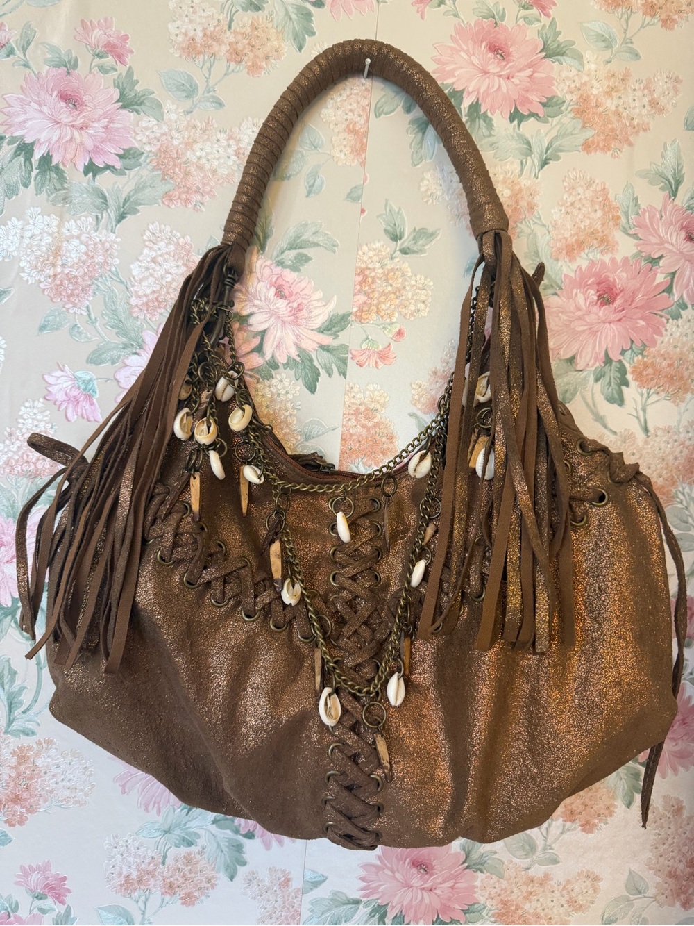 American Vintage Brown Fringe Shoulder Bag with Shell Charms